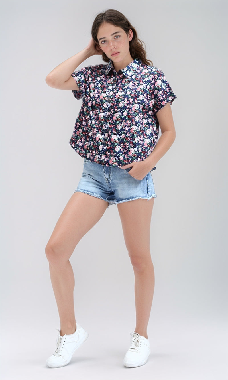O193265 - Front Full Buttons Navy Floral Short Sleeves