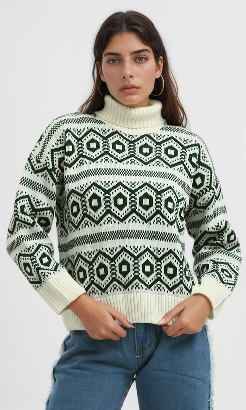 O193357 - Fully Fashioned Turtle Neck Pullover Sweater - Off-White