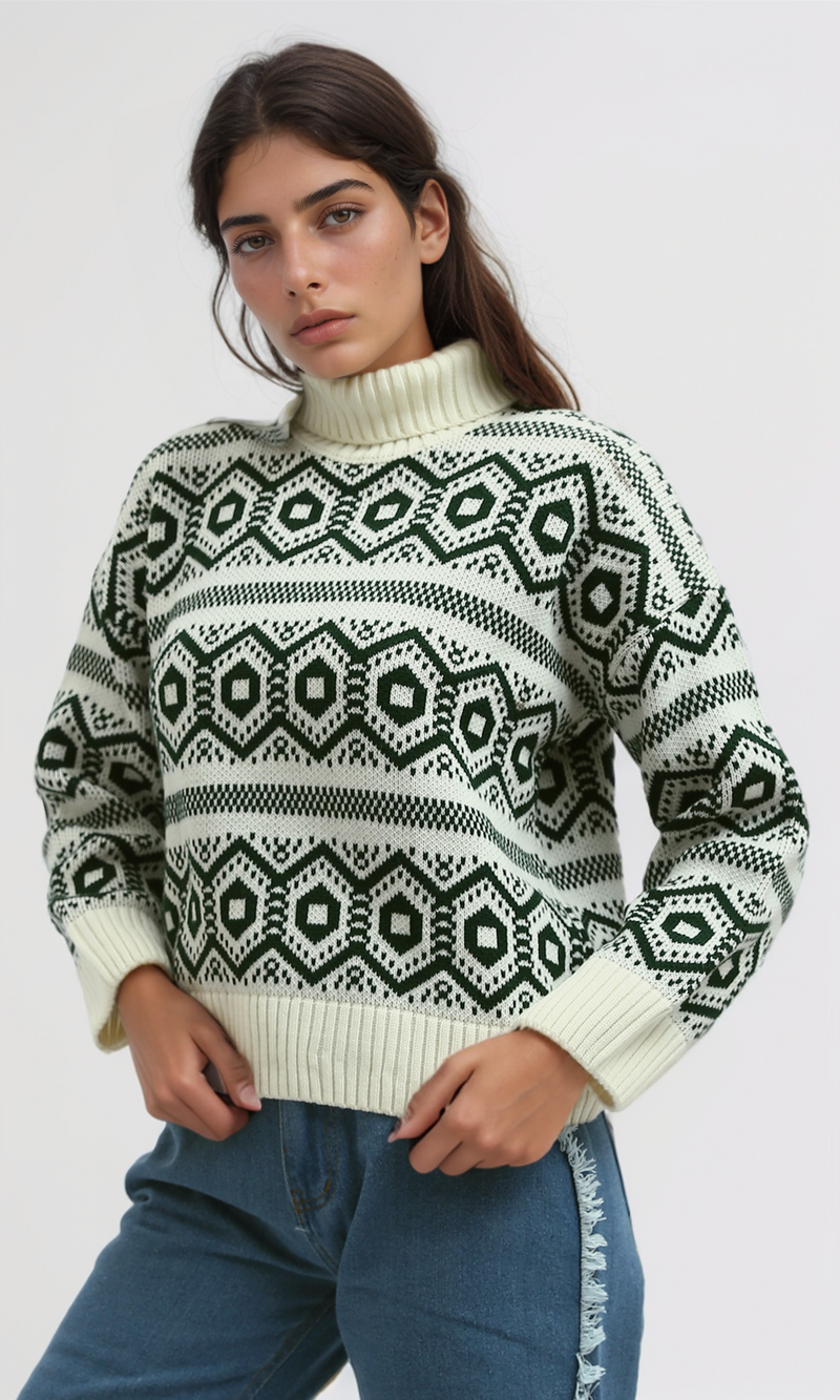 O193357 - Fully Fashioned Turtle Neck Pullover Sweater - Off-White