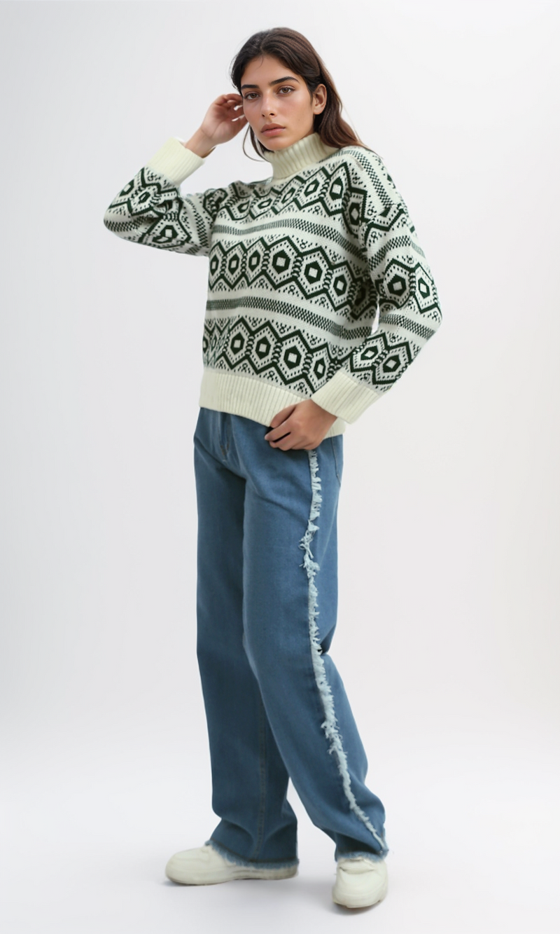 O193357 - Fully Fashioned Turtle Neck Pullover Sweater - Off-White