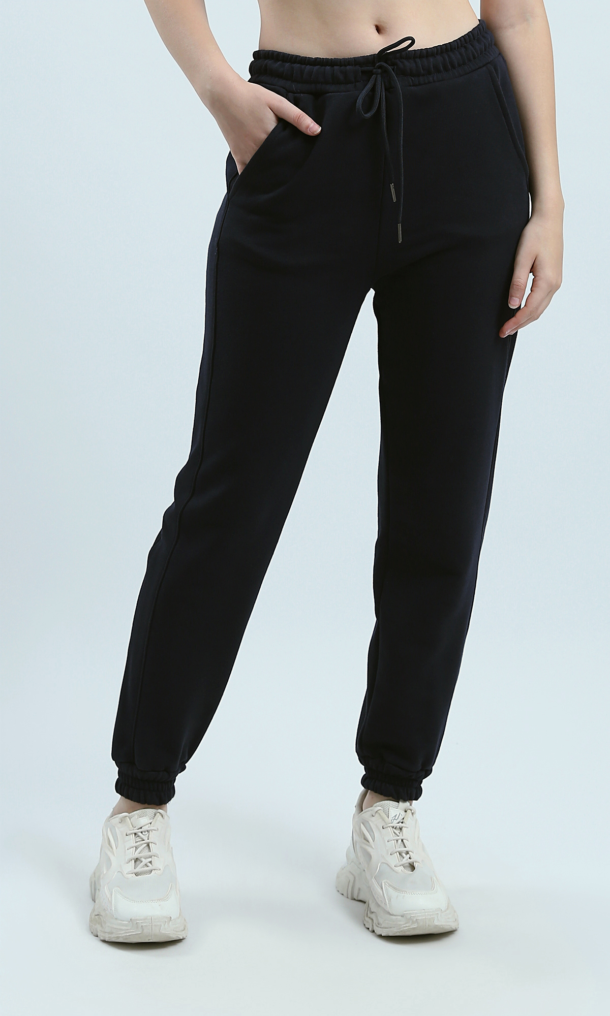 O193461 Solid Navy Blue Jogger Pants With Elastic Waist