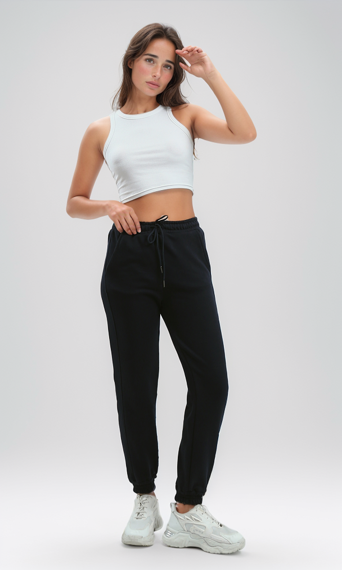 O193461 Solid Navy Blue Jogger Pants With Elastic Waist