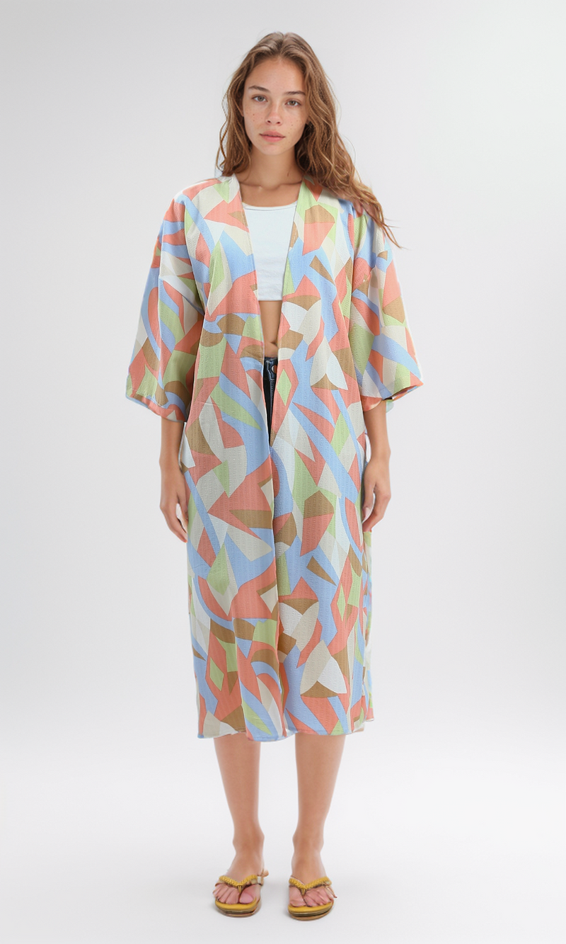 O193463 Multicolour 3/4 Sleeves Comfy Patterned Cardigan