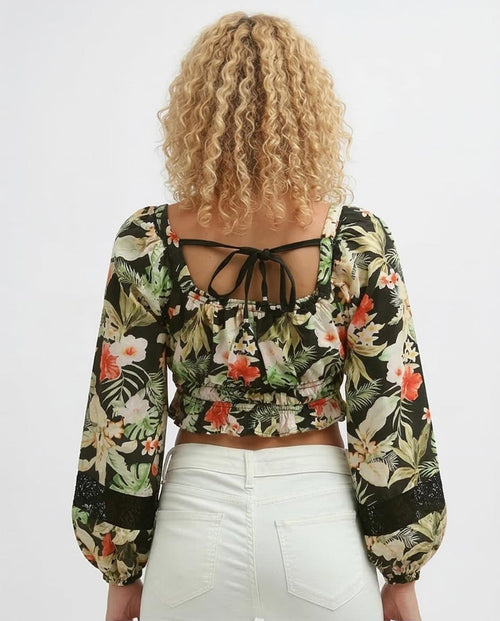 Ravin Tropical Floral Smocked Crop Top with Lace Sleeve Insets - Multicolor - O193475