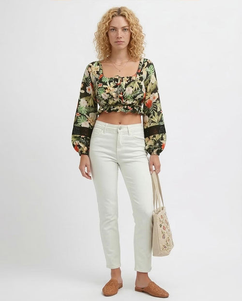 Ravin Tropical Floral Smocked Crop Top with Lace Sleeve Insets - Multicolor - O193475