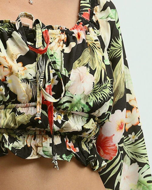 Ravin Tropical Floral Smocked Crop Top with Lace Sleeve Insets - Multicolor - O193475