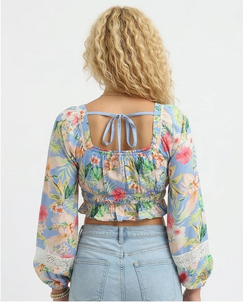 Tropical Floral Smocked Long Sleeve Crop Top - O193476