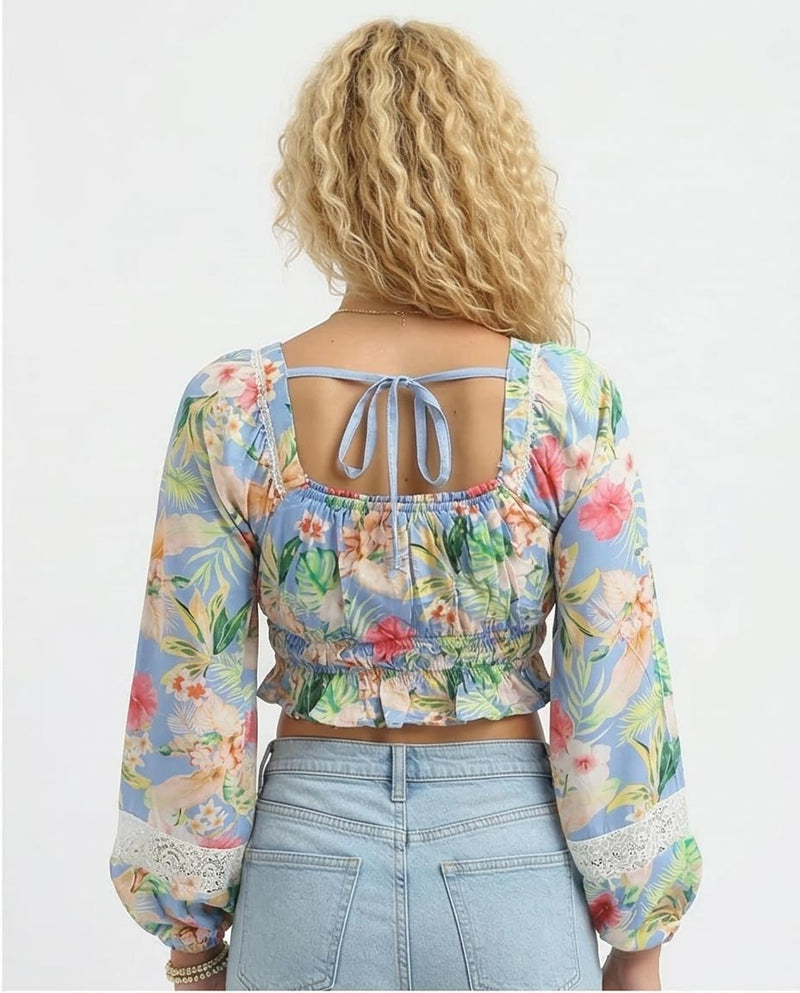 Ravin Tropical Floral Smocked Crop Top with Lace-Detail Balloon Sleeves - o193476