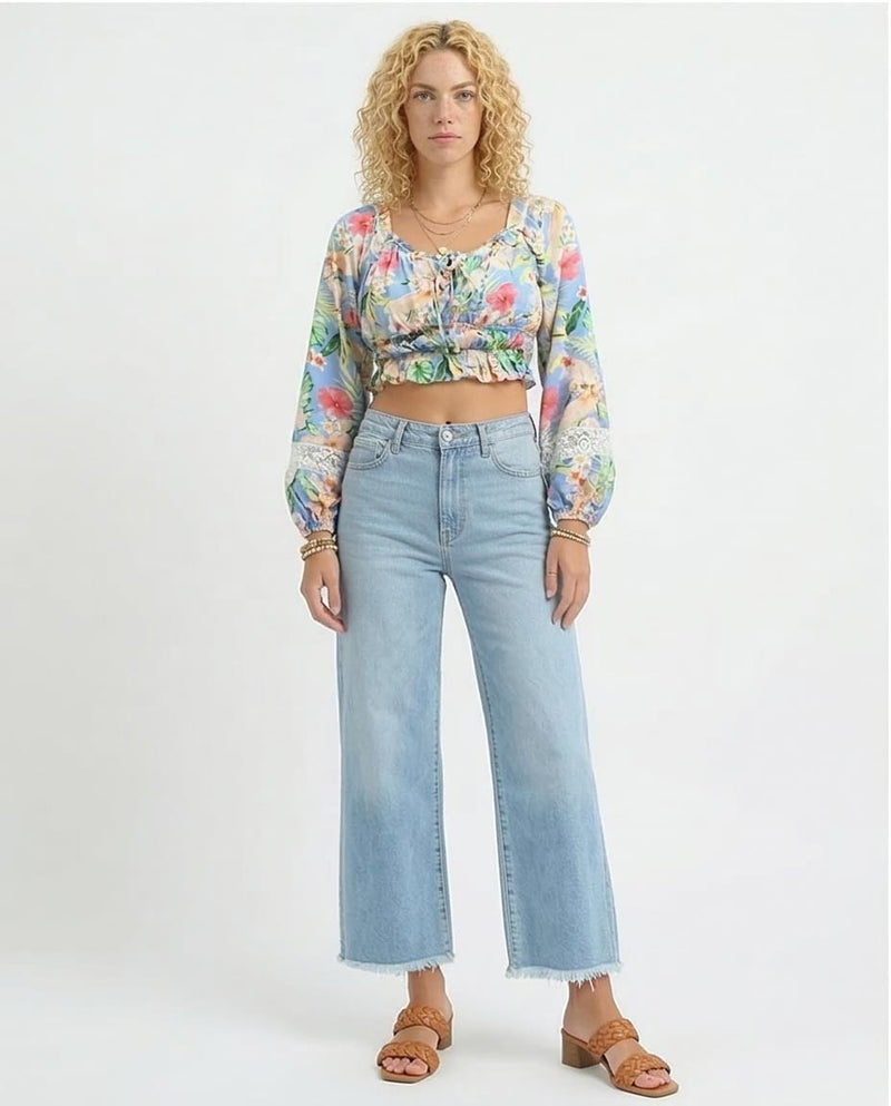 Ravin Tropical Floral Smocked Crop Top with Lace-Detail Balloon Sleeves - o193476