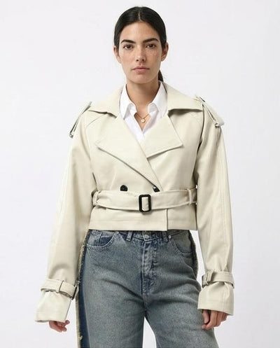 Ravin Cropped Faux-Leather Trench Jacket with Belted Waist and Cuffs – Cream - O194906