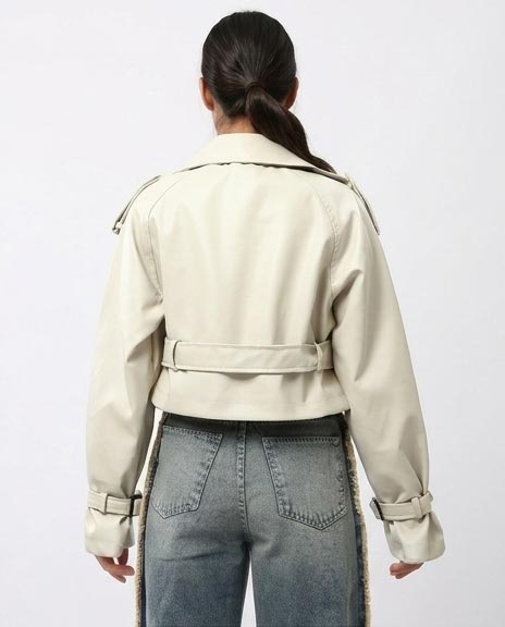 Ravin Cropped Faux-Leather Trench Jacket with Belted Waist and Cuffs – Cream - O194906