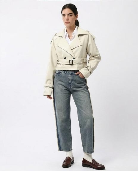 Ravin Cropped Faux-Leather Trench Jacket with Belted Waist and Cuffs – Cream - O194906