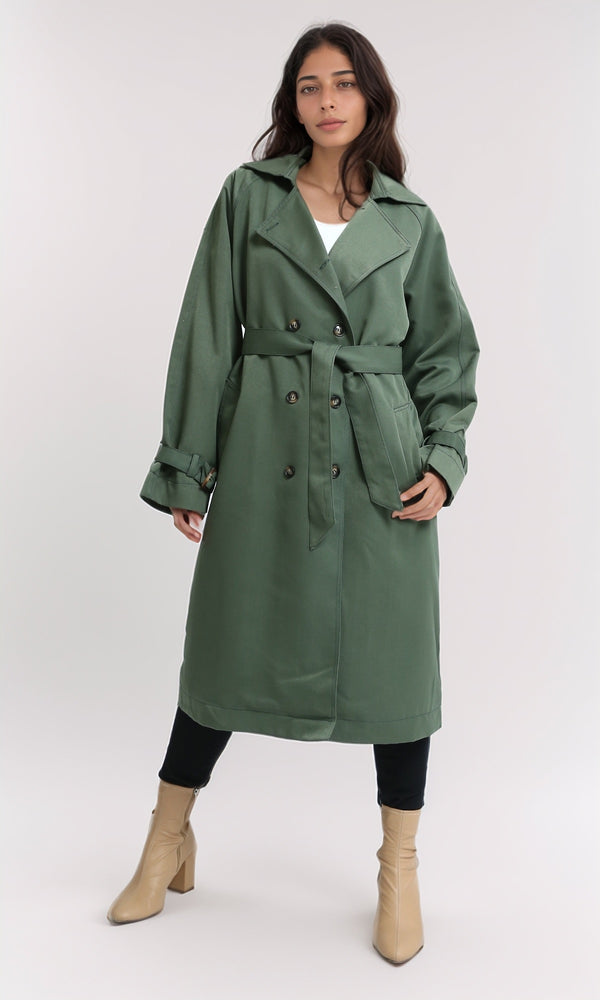 O194910 - Feminine Gabardine Trench Long Sleeves Coat - Dark Green