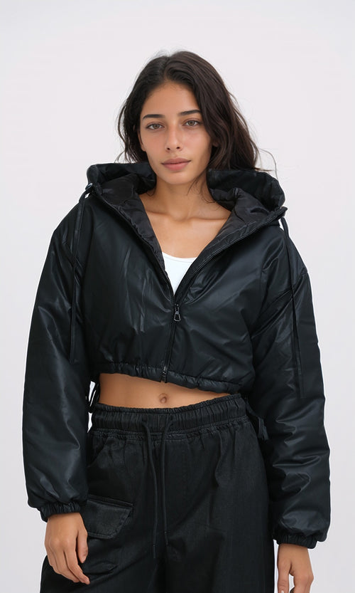 O194935 - Long Sleeves Cropped Bomber Jacket - Black