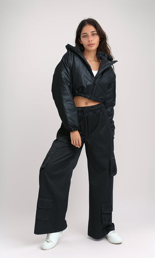 O194935 - Long Sleeves Cropped Bomber Jacket - Black