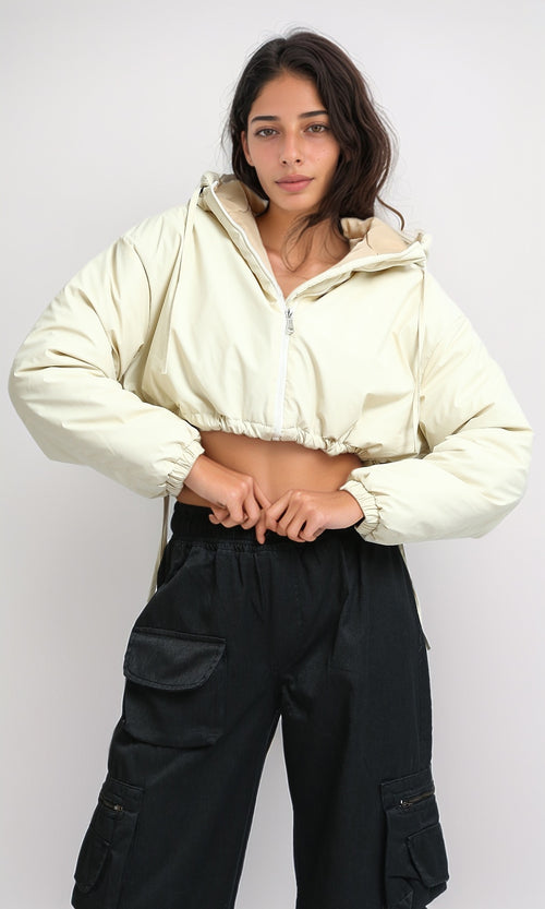 O194937 - Solid Short Winter Puffy Jacket - Beige