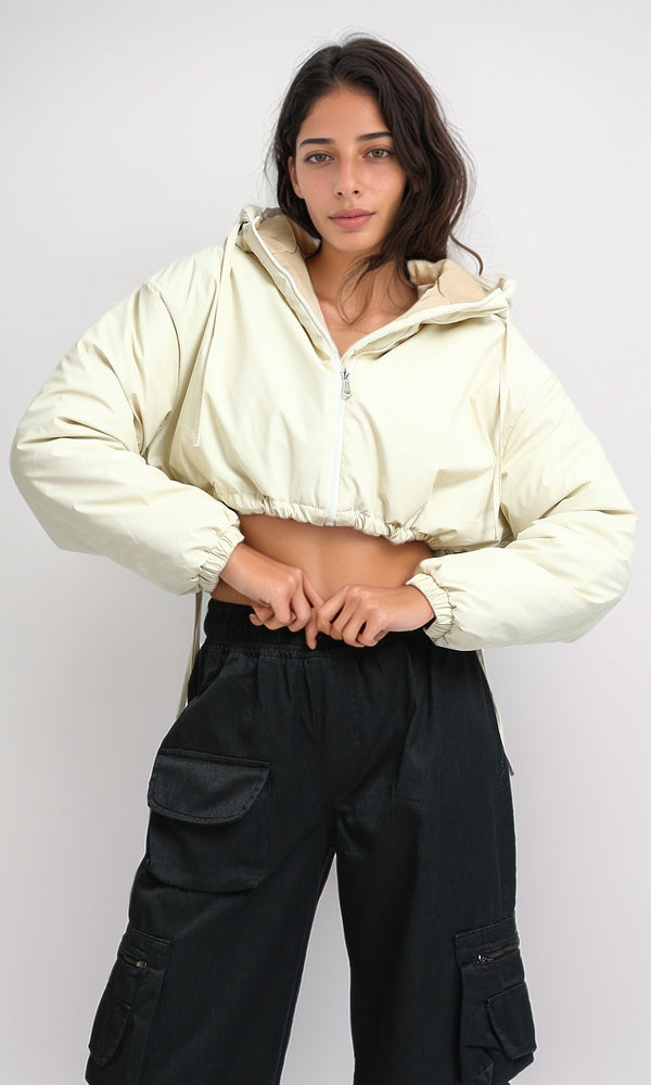 O194937 - Solid Short Winter Puffy Jacket - Beige