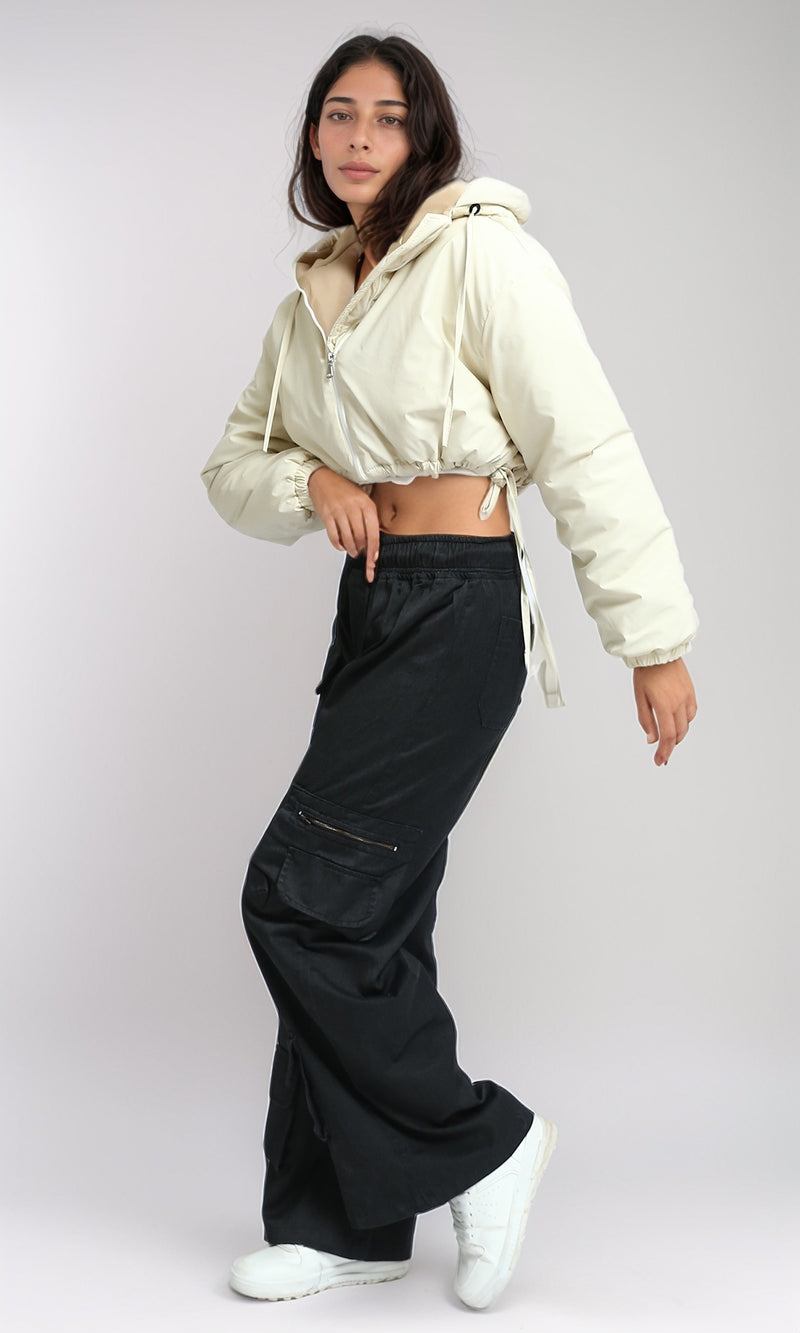 O194937 - Solid Short Winter Puffy Jacket - Beige