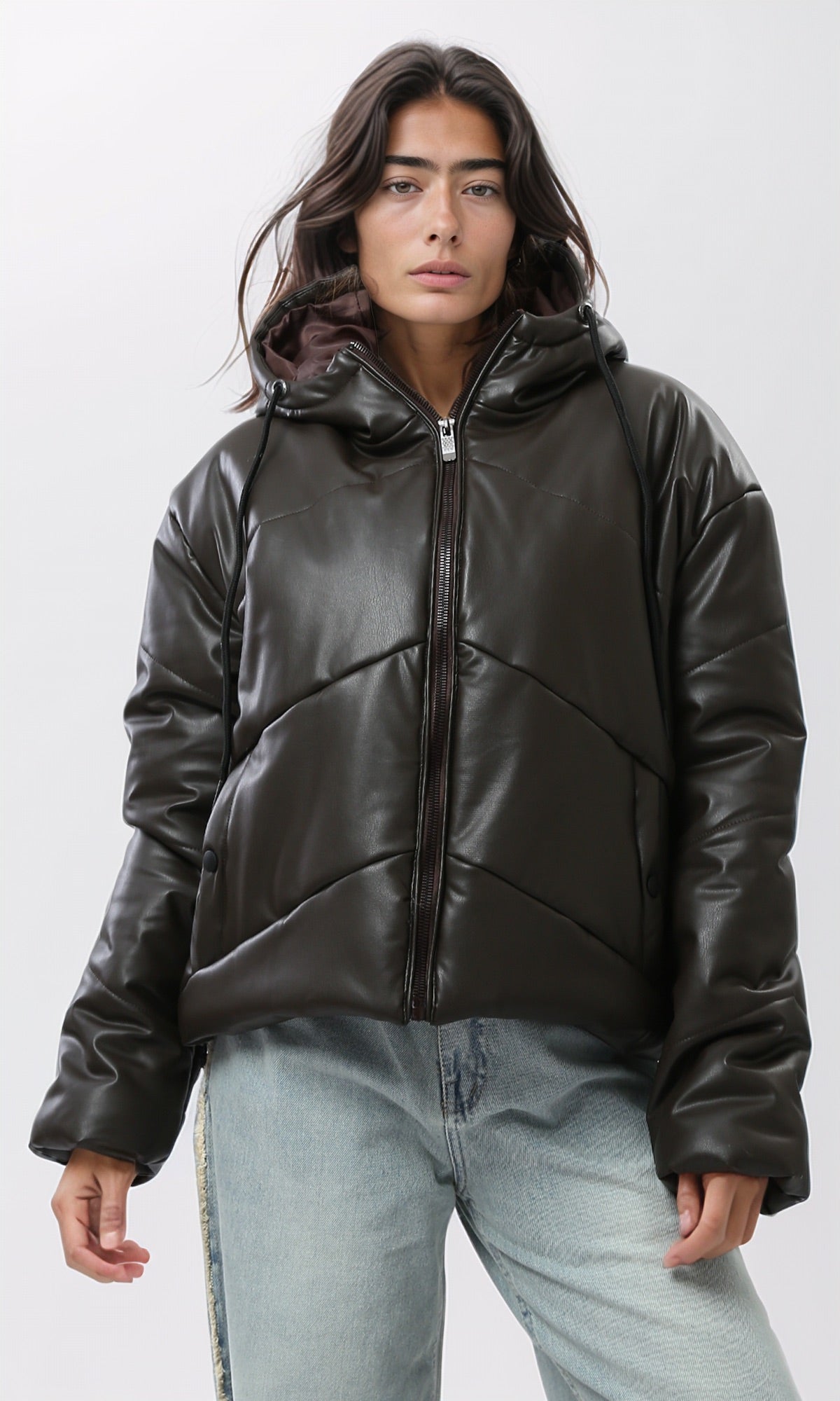 Women's Chocolate Brown Quilted Leather Hooded Puffer Jacket - O194939
