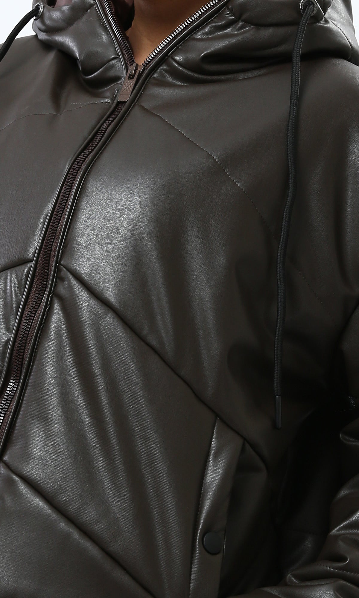 Women's Chocolate Brown Quilted Leather Hooded Puffer Jacket - O194939