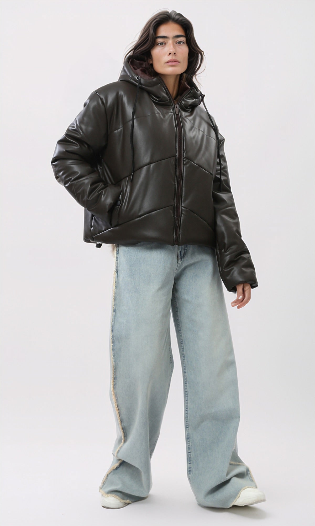 Women's Chocolate Brown Quilted Leather Hooded Puffer Jacket - O194939