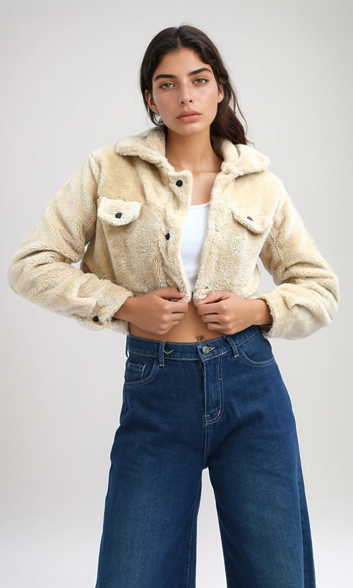 O194943 - Long Sleeves Faux Fur Hooded Jacket - Beige