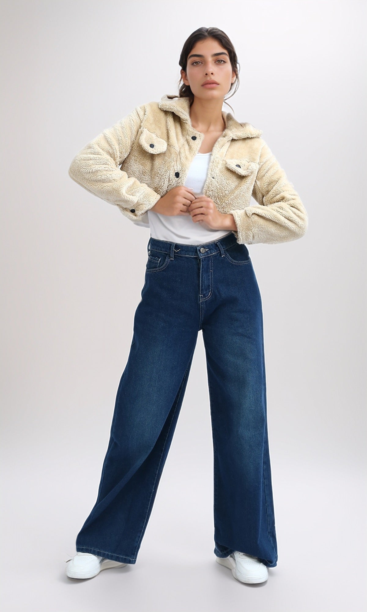Cream Cropped Teddy Bear Faux Fur Jacket - O194943