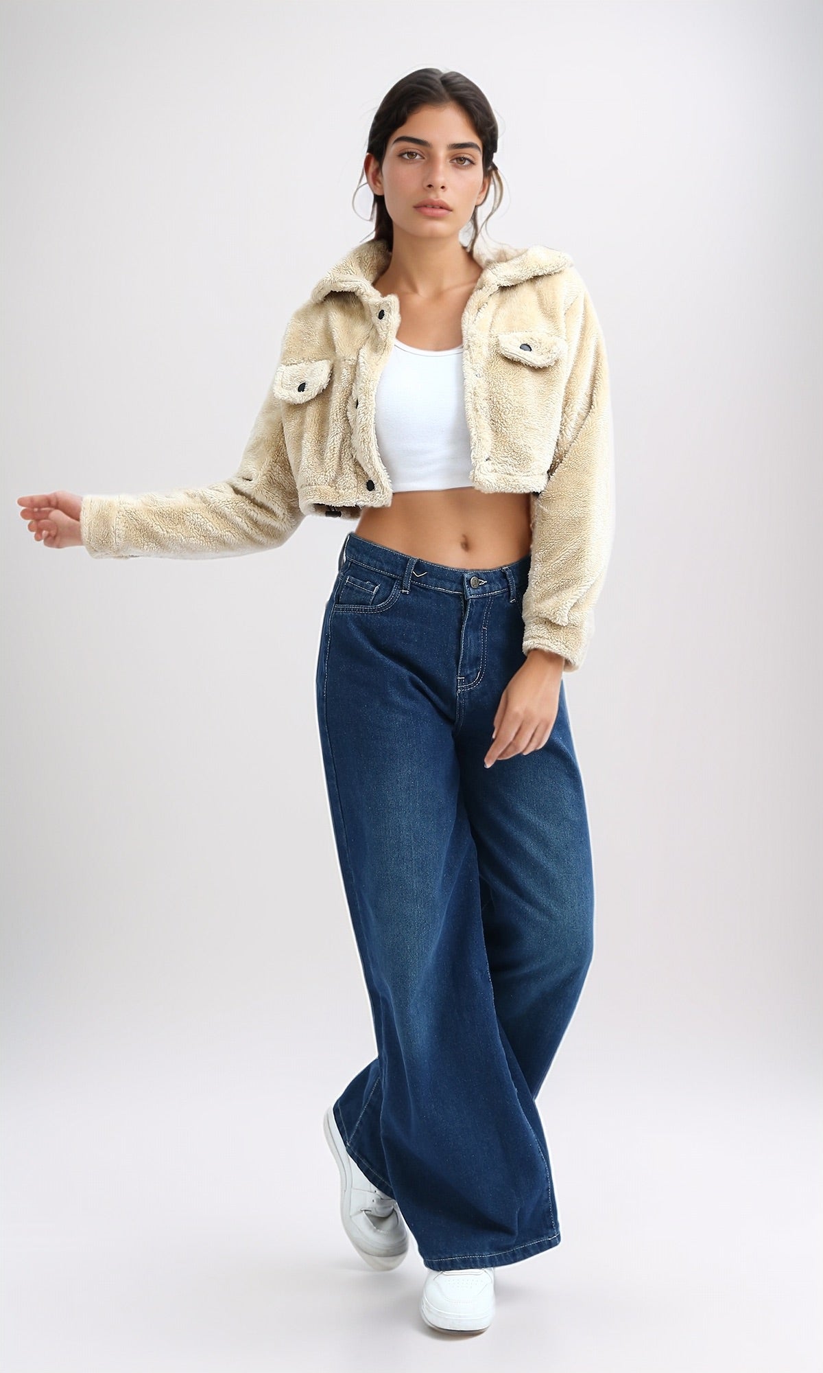 Cream Cropped Teddy Bear Faux Fur Jacket - O194943