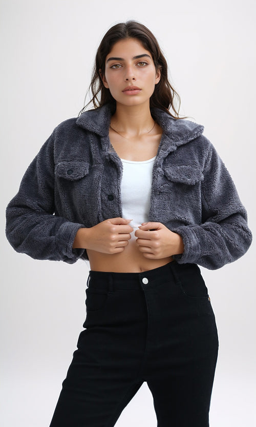 O194944 - Regular Fit Faux Fur Coat - Dark Grey