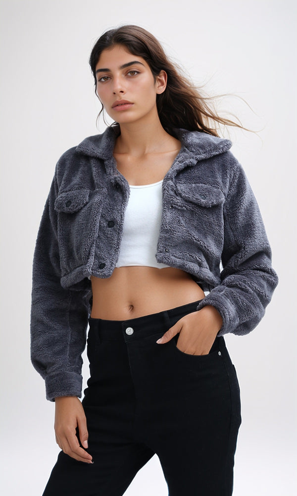 O194944 - Regular Fit Faux Fur Coat - Dark Grey