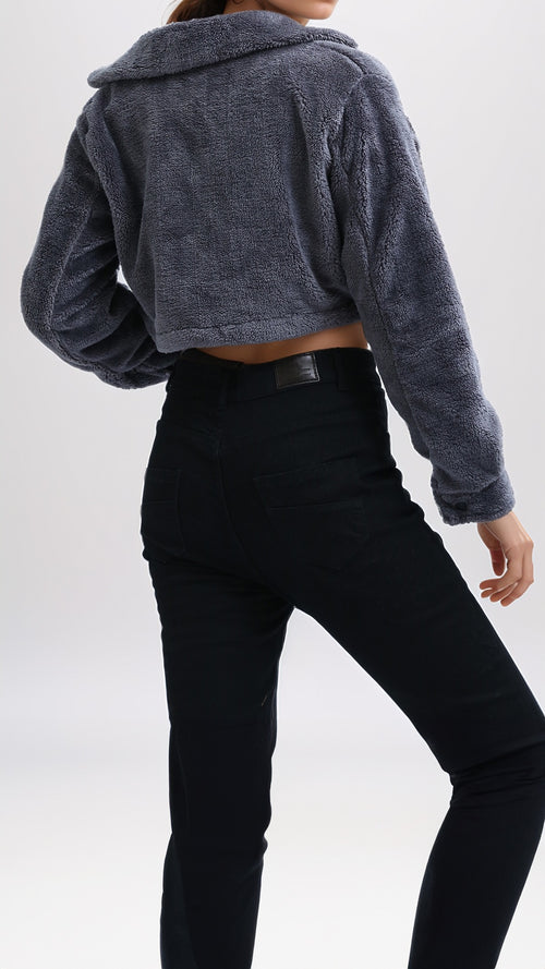 O194944 - Regular Fit Faux Fur Coat - Dark Grey