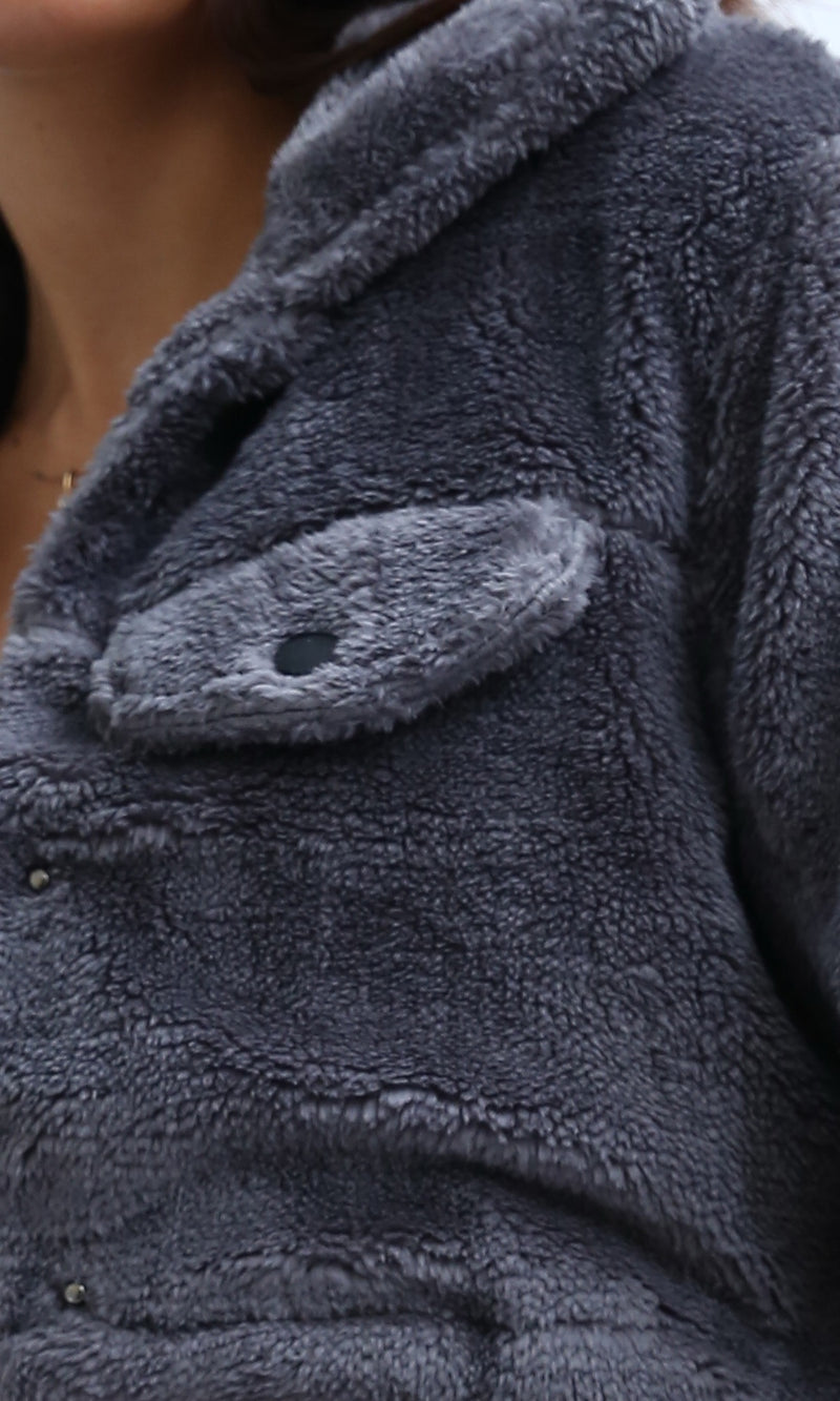 O194944 - Regular Fit Faux Fur Coat - Dark Grey