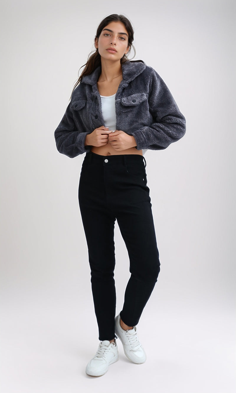 O194944 - Regular Fit Faux Fur Coat - Dark Grey