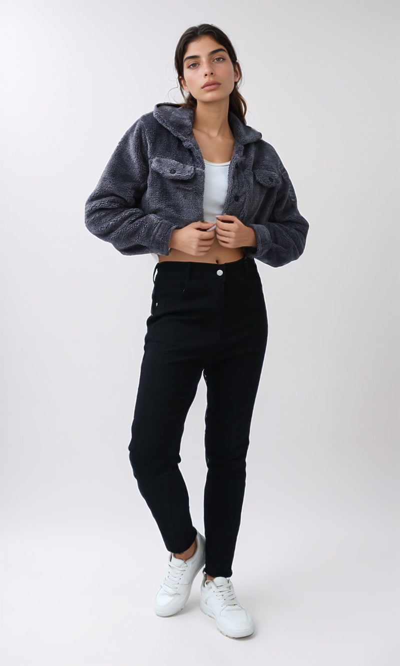 O194944 - Regular Fit Faux Fur Coat - Dark Grey