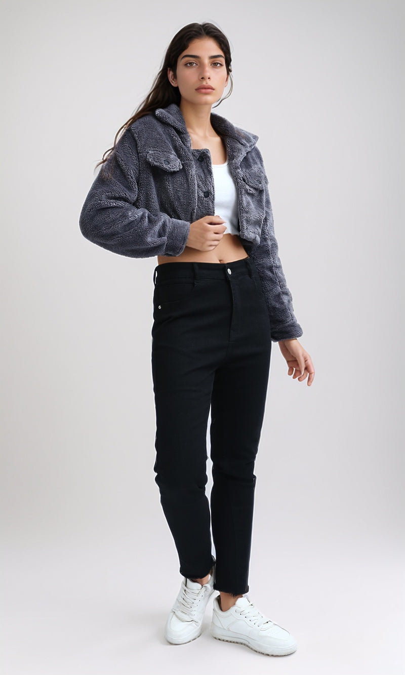 O194944 - Regular Fit Faux Fur Coat - Dark Grey