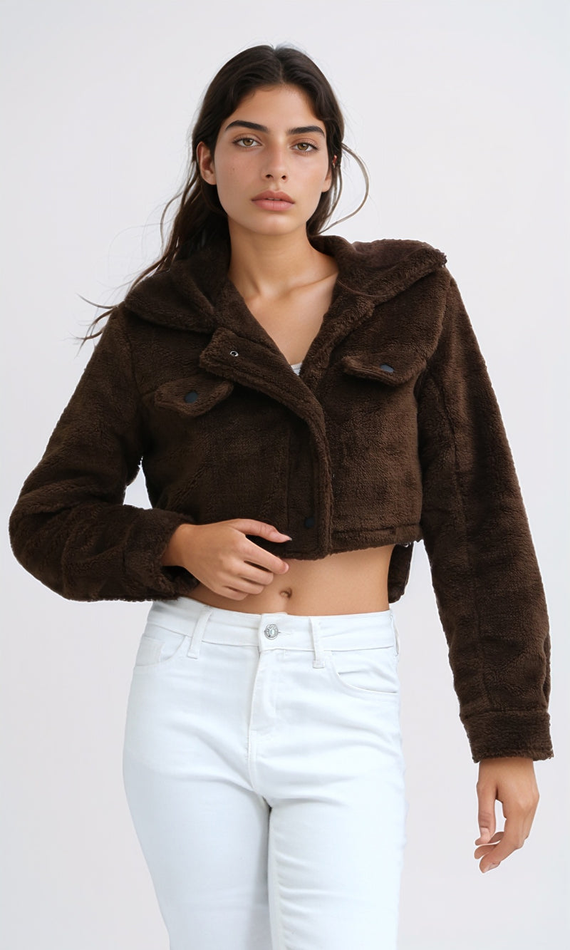 O194945 - Long Sleeves Faux Fur Brown Winter Jacket