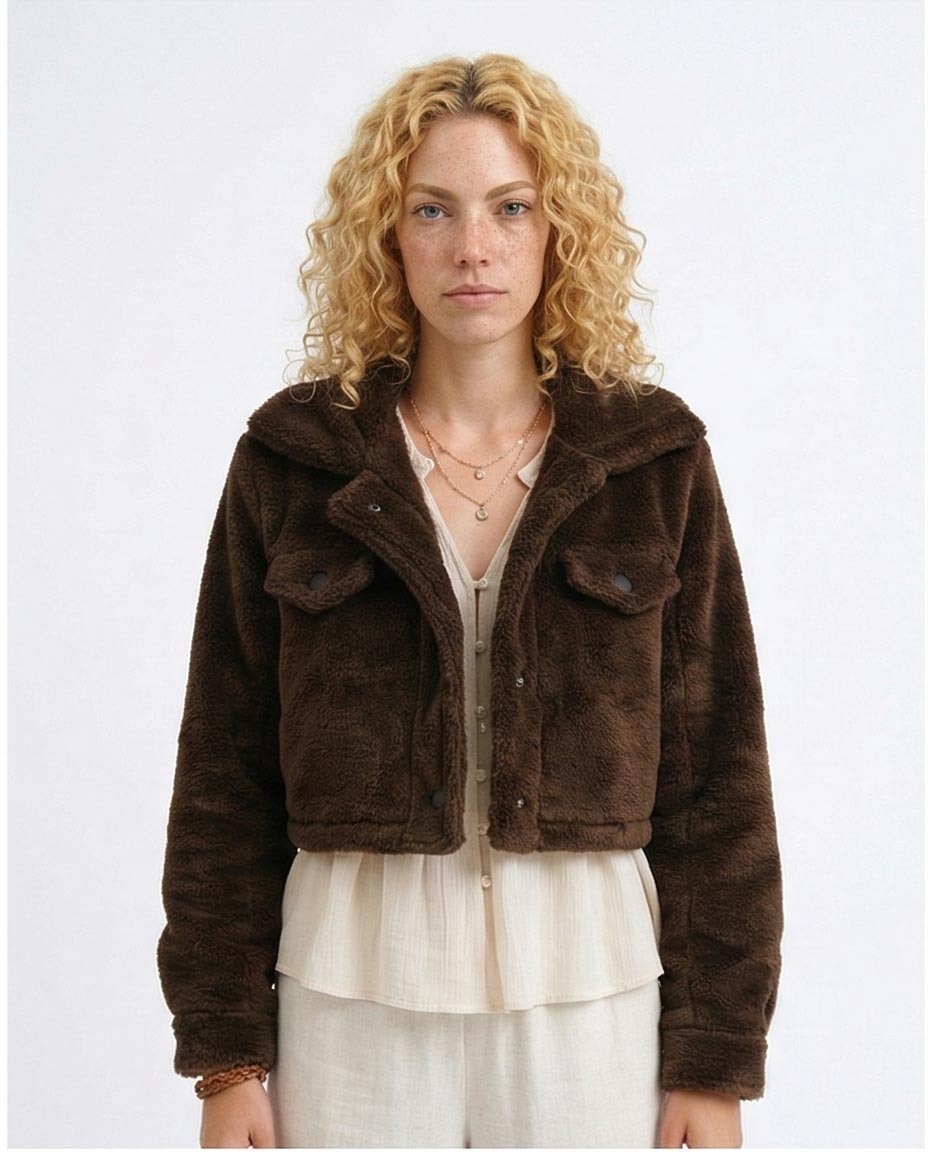 Chocolate Brown Faux Fur Cropped Teddy Jacket - O194945