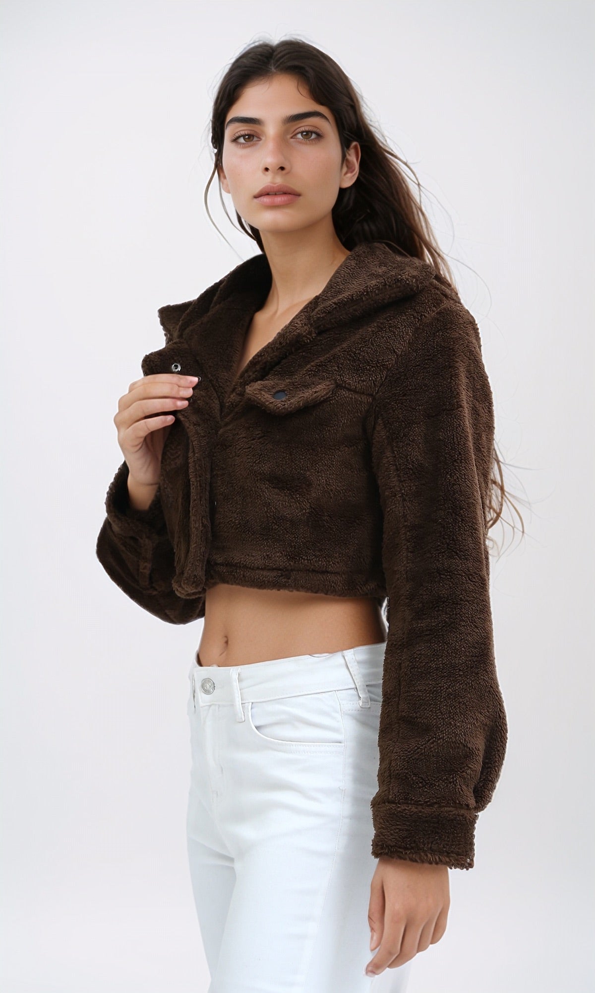 O194945 - Long Sleeves Faux Fur Brown Winter Jacket