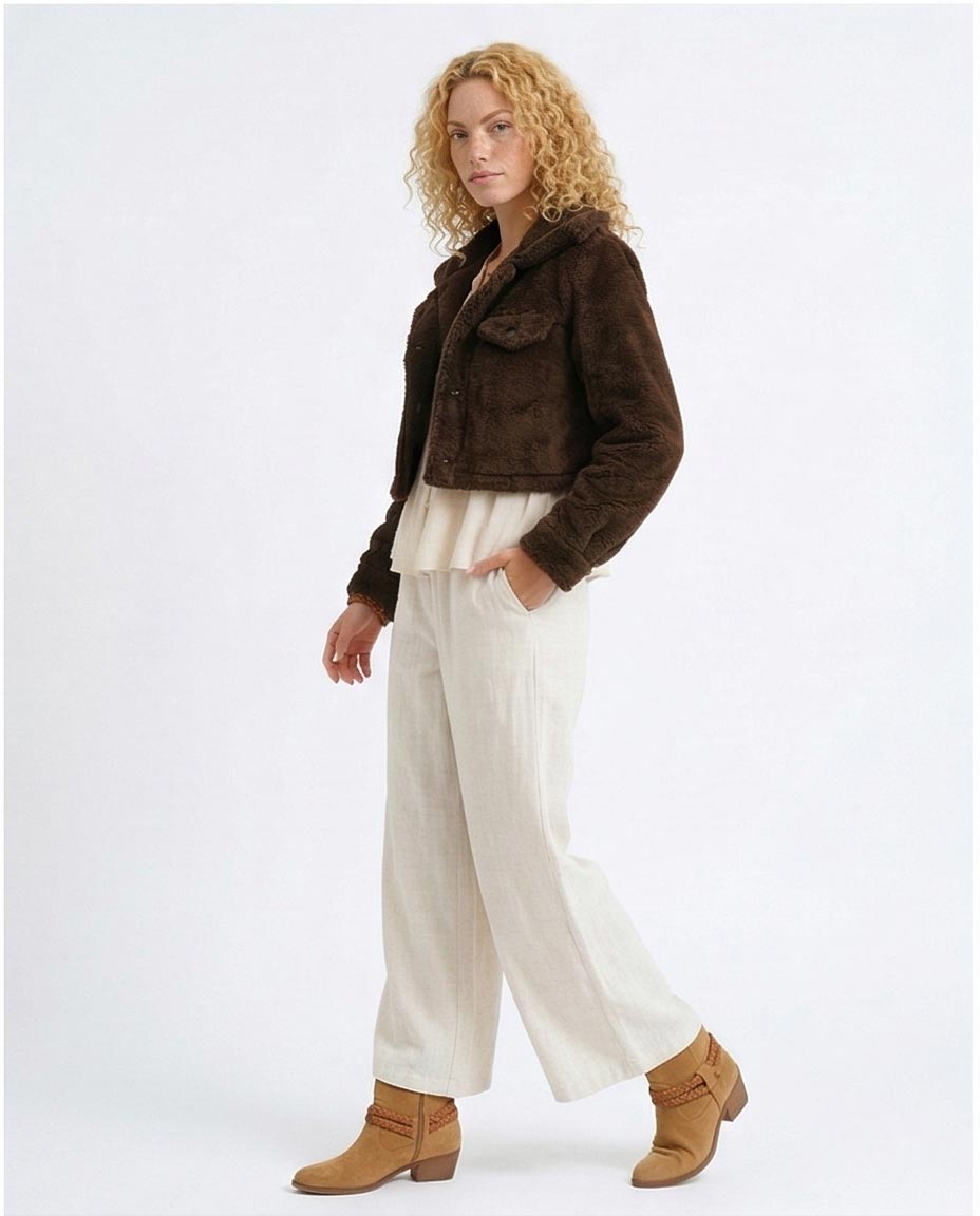 Chocolate Brown Faux Fur Cropped Teddy Jacket - O194945
