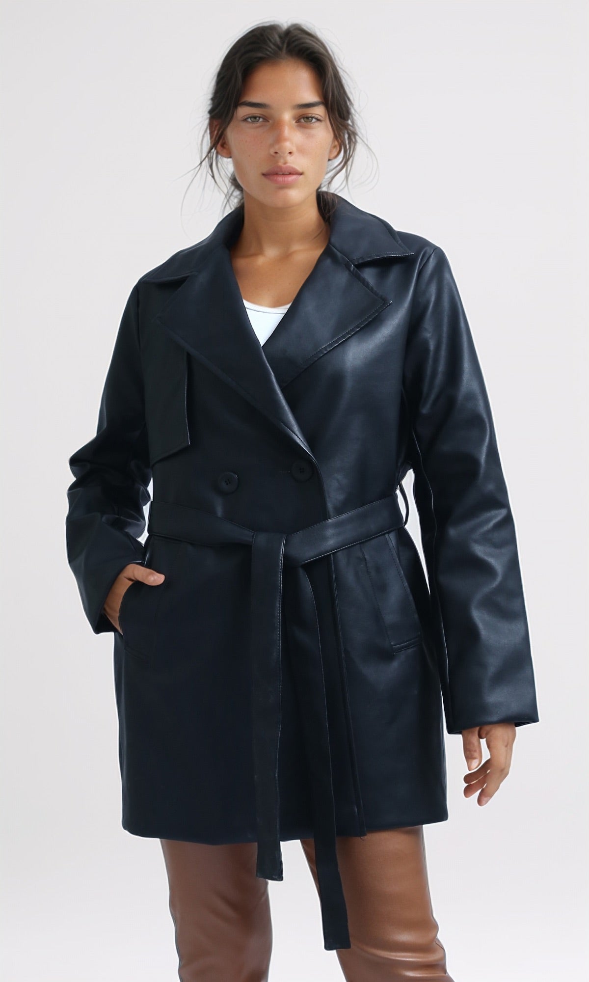 O194961 - Long Sleeves Leather Trench Jacket with Belt - Black