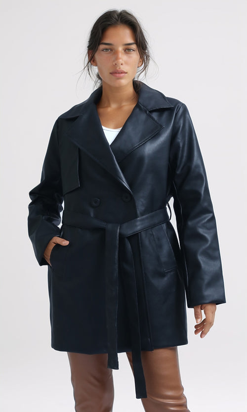 O194961 - Long Sleeves Leather Trench Jacket with Belt - Black