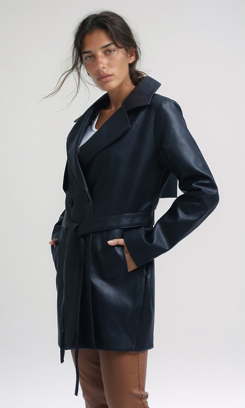 O194961 - Long Sleeves Leather Trench Jacket with Belt - Black