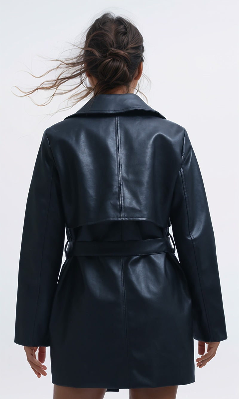 O194961 - Long Sleeves Leather Trench Jacket with Belt - Black