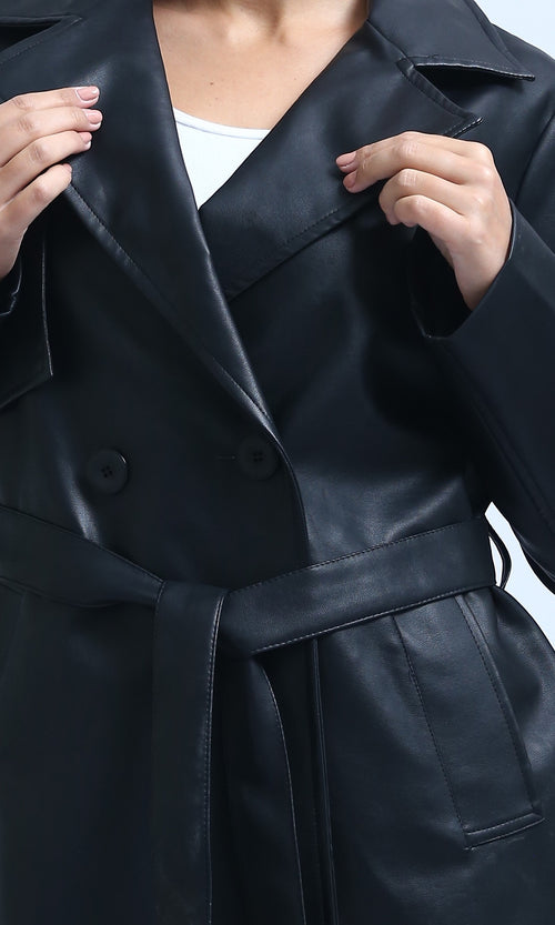 O194961 - Long Sleeves Leather Trench Jacket with Belt - Black