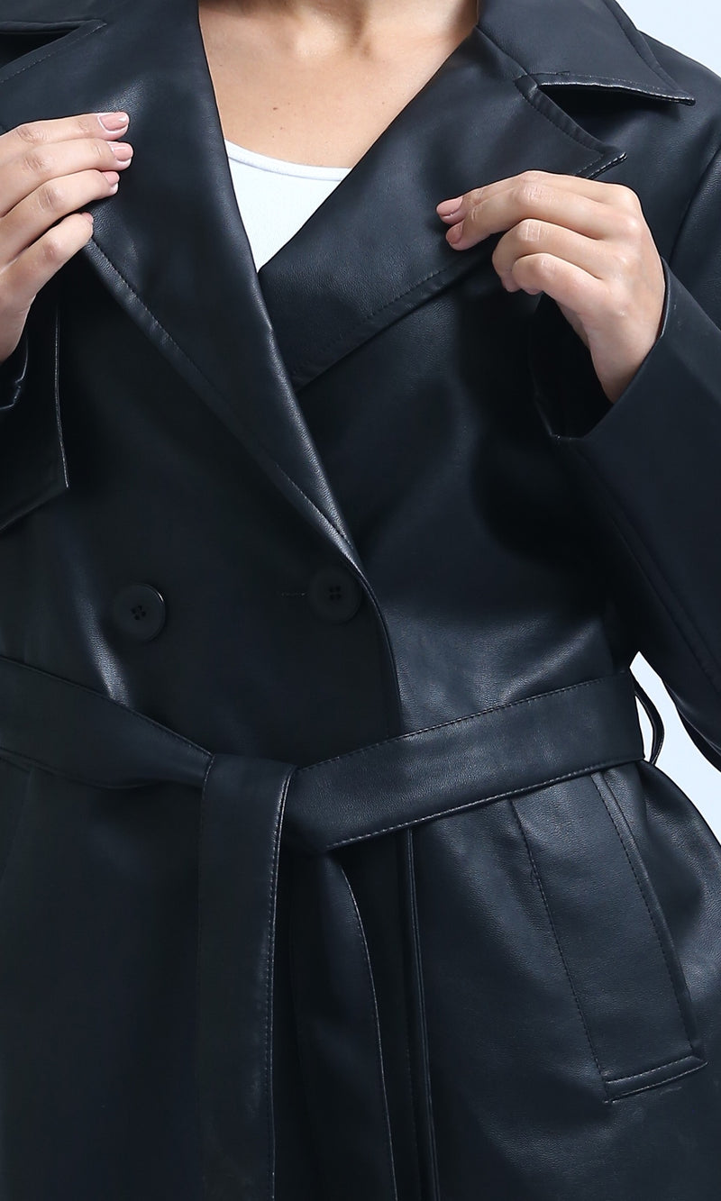 O194961 - Long Sleeves Leather Trench Jacket with Belt - Black