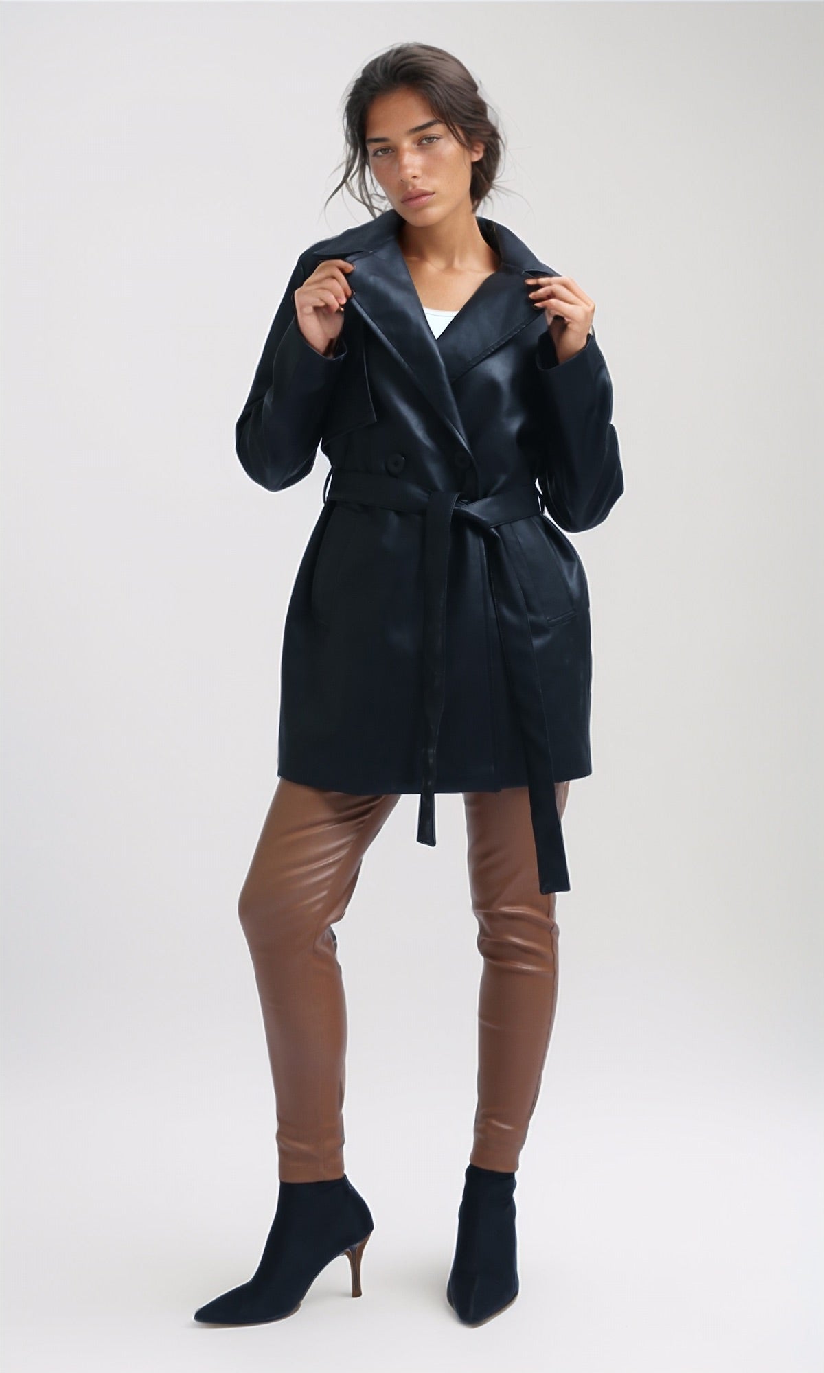 O194961 - Long Sleeves Leather Trench Jacket with Belt - Black