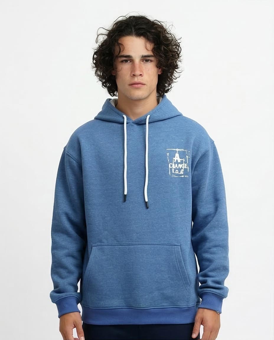 Person wearing a blue hoodie with a logo on a white background