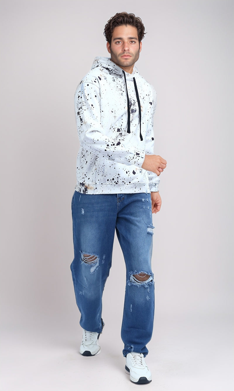 O197307 - Long Sleeves Winter Patterned Hoodie - Black & White