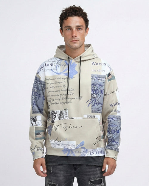 O197310 - Unique Pattern Slip On Fleece Hoodie - Beige & Blue
