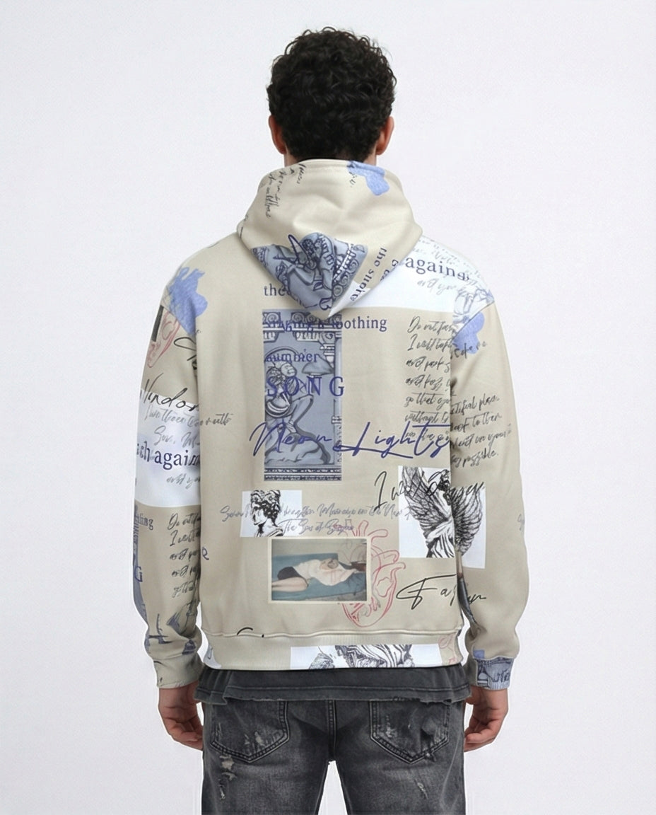 O197310 - Unique Pattern Slip On Fleece Hoodie - Beige & Blue